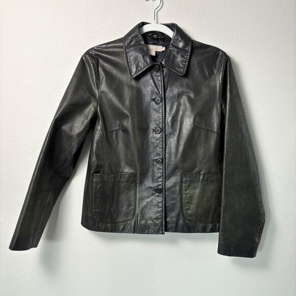 J. Crew Jackets & Blazers - J Crew Leather Jacket Womens S Black Green Iridescent Button Front Pockets